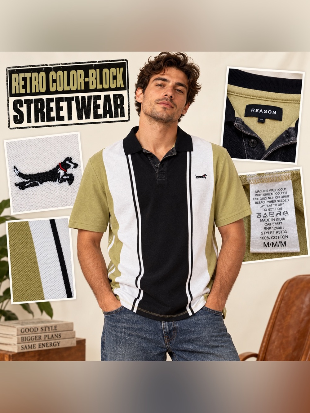REASON Men’s M Retro Color- Block Gog Logo Polo Streetwear